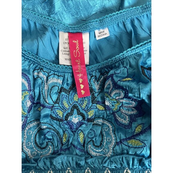 Y2K Embroidered Crushed Satin Babydoll Top Size XL Heartsoul Turquoise Milkmaid - Picture 4 of 5
